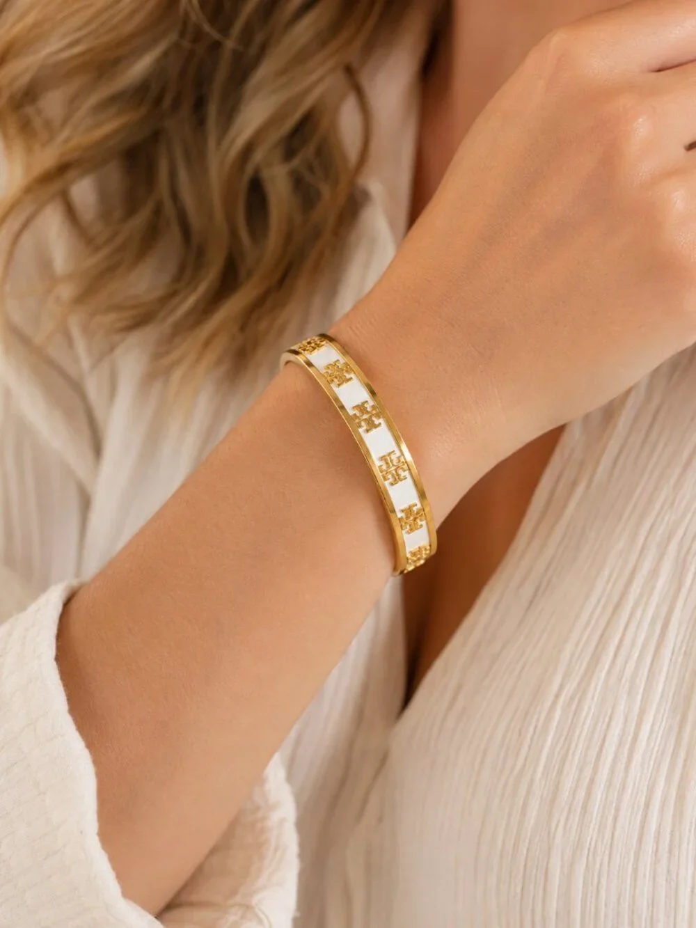 Tory Burch Gold Ivory Stud Hoop HUGGIE Earrings and Enamel Logo Cuff Bracelet